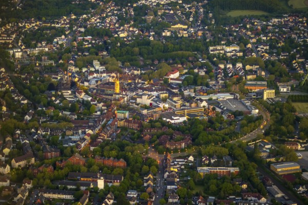 Aerial view, city centre and old town market with catholic church St. Lambertus, Castroperholz, Castrop-Rauxel, Ruhr area, North Rhine-Westphalia, Germany, Old Town, Old Town view, Am Markt, outdoor lighting, City, DE, twilight, Europe, city centre, light pollution, aerial view, aerial photography, aerial photography, night aerial view, townscape, city centre, streetlights, street lamps, overview, bird's eye view, illuminated, illuminated houses, illuminated house, birds-eyes view, artificial light, night, nightflight, overview