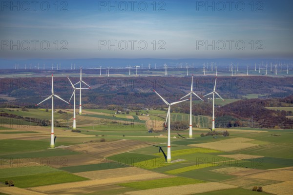 Aerial view, distant view and wind farm in Brilon, Sauerland, North Rhine-Westphalia, Germany, Brilon, DE, Europe, distant view, aerial view, aerial photography, aerial photography, overview, bird's-eye view, WEA, wind energy, wind turbine, wind farm, wind power, wind turbine, wind park, wind turbines, birds-eyes view, overview