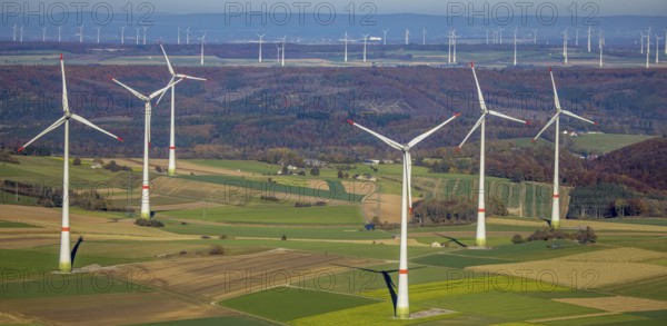 Aerial view, distant view and wind farm in Brilon, Sauerland, North Rhine-Westphalia, Germany, Brilon, DE, Europe, distant view, aerial view, aerial photography, aerial photography, overview, bird's-eye view, WEA, wind energy, wind turbine, wind farm, wind power, wind turbine, wind park, wind turbines, birds-eyes view, overview