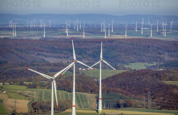 Aerial view, distant view and wind farm in Brilon, Sauerland, North Rhine-Westphalia, Germany, Brilon, DE, Europe, distant view, aerial view, aerial photography, aerial photography, overview, bird's-eye view, WEA, wind energy, wind turbine, wind farm, wind power, wind turbine, wind park, wind turbines, birds-eyes view, overview