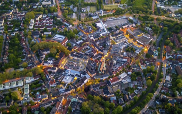 Aerial view, city centre and old town market with catholic church St. Lambertus, Rauxel, Castrop-Rauxel, Ruhr area, North Rhine-Westphalia, Germany, Old Town, Old Town view, Am Markt, outdoor lighting, City, DE, twilight, Europe, city centre, light pollution, aerial view, aerial photography, aerial photography, night aerial view, townscape, city centre, streetlights, street lamps, overview, bird's-eye view, illuminated, illuminated houses, illuminated house, birds-eyes view, artificial light, night, nightflight, overview