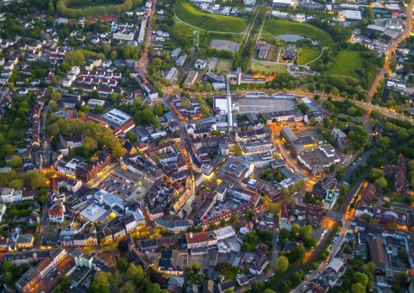 Aerial view, city centre and old town market with catholic church St. Lambertus, Rauxel, Castrop-Rauxel, Ruhr area, North Rhine-Westphalia, Germany, Old Town, Old Town view, Am Markt, outdoor lighting, City, DE, twilight, Europe, city centre, light pollution, aerial view, aerial photography, aerial photography, night aerial view, townscape, city centre, streetlights, street lamps, overview, bird's-eye view, illuminated, illuminated houses, illuminated house, birds-eyes view, artificial light, night, nightflight, overview