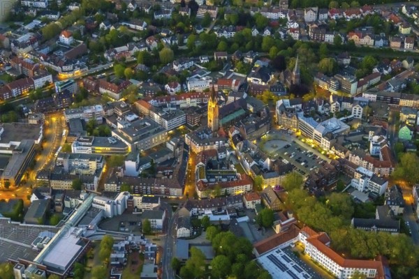 Aerial view, city centre and old town market with catholic church St. Lambertus, Castrop-Rauxel, Ruhr area, North Rhine-Westphalia, Germany, Old Town, Old Town view, Am Markt, outdoor lighting, City, DE, twilight, Europe, city centre, light pollution, aerial view, aerial photography, aerial photography, night aerial view, townscape, city centre, streetlights, street lamps, overview, bird's eye view, illuminated, illuminated houses, illuminated house, birds-eyes view, artificial light, night, nightflight, overview