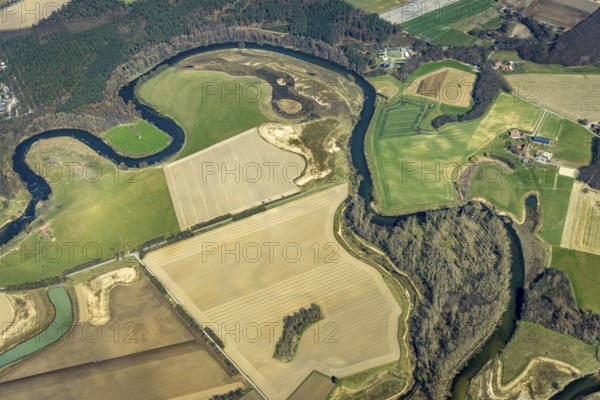 Aerial view, Lippe reorganisation, river Lippe, renaturation, new Lippe meanders, restoration of the old Lippe meanders, natural river course, Hötting, Datteln, Ruhr area, North Rhine-Westphalia, Germany, DE, Europe, birds-eyes view, aerial photography, aerial photography, overview, bird's eye view