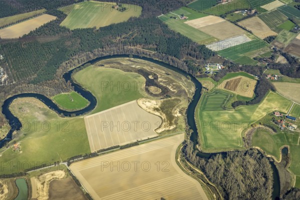 Aerial view, Lippe reorganisation, river Lippe, renaturation, new Lippe meanders, restoration of the old Lippe meanders, natural river course, Hötting, Datteln, Ruhr area, North Rhine-Westphalia, Germany, DE, Europe, birds-eyes view, aerial photography, aerial photography, overview, bird's eye view