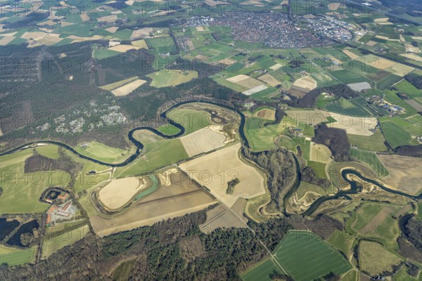 Aerial view, Lippe reorganisation, river Lippe, renaturation, new Lippe meanders, restoration of the old Lippe meanders, natural river course, Hötting, Datteln, Ruhr area, North Rhine-Westphalia, Germany, DE, Europe, birds-eyes view, aerial photography, aerial photography, overview, bird's eye view
