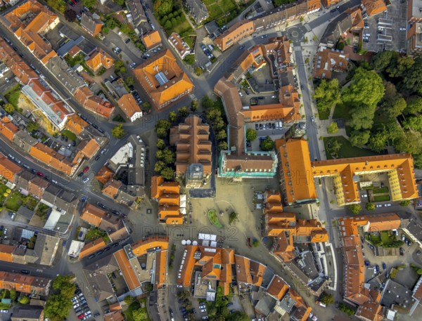 Aerial view, old town and green old town ring with catholic St. Lamberti church at the market place, town hall with renovation, evang. Church on the market square and Liebfrauenburg in Coesfeld, Münsterland, North Rhine-Westphalia, Germany, old town, place of worship, authority, castle, Coesfeld, DE, Europe, religious community, place of worship, holy place, church, parish, denomination, aerial view, aerial photography, aerial photography, town hall, religion, religious site, castle, overview, bird's-eye view, birds-eyes view, overview