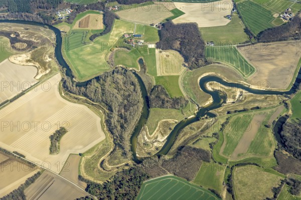 Aerial view, Lippe reorganisation, river Lippe, renaturation, new Lippe meanders, restoration of the old Lippe meanders, natural river course, Hötting, Datteln, Ruhr area, North Rhine-Westphalia, Germany, DE, Europe, birds-eyes view, aerial photography, aerial photography, overview, bird's eye view