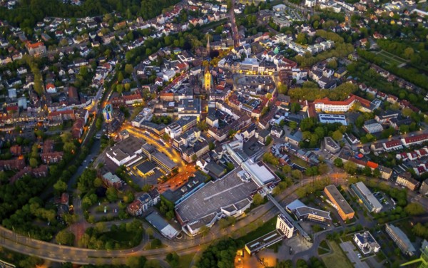 Aerial view, city centre and old town market with catholic church St. Lambertus, Castrop-Rauxel, Ruhr area, North Rhine-Westphalia, Germany, Old Town, Old Town view, Am Markt, outdoor lighting, City, DE, twilight, Europe, city centre, light pollution, aerial view, aerial photography, aerial photography, night aerial view, townscape, city centre, streetlights, street lamps, overview, bird's eye view, illuminated, illuminated houses, illuminated house, birds-eyes view, artificial light, night, nightflight, overview
