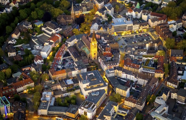 Aerial view, city centre and old town market with catholic church St. Lambertus, Castrop-Rauxel, Ruhr area, North Rhine-Westphalia, Germany, Old Town, Old Town view, Am Markt, outdoor lighting, City, DE, twilight, Europe, city centre, light pollution, aerial view, aerial photography, aerial photography, night aerial view, townscape, city centre, streetlights, street lamps, overview, bird's eye view, illuminated, illuminated houses, illuminated house, birds-eyes view, artificial light, night, nightflight, overview