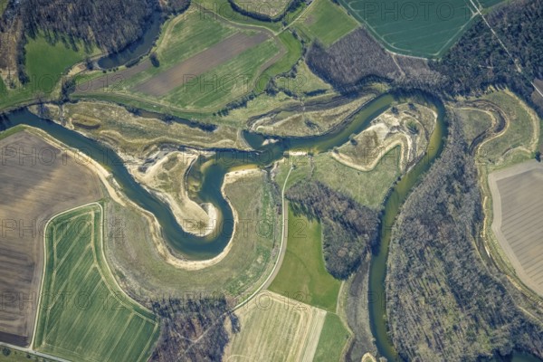 Aerial view, Lippe reorganisation, river Lippe, renaturation, new Lippe meanders, restoration of the old Lippe meanders, natural river course, Hötting, Datteln, Ruhr area, North Rhine-Westphalia, Germany, Olfen, DE, Europe, birds-eyes view, aerial photography, aerial photography, aerial photography, overview, bird's eye view