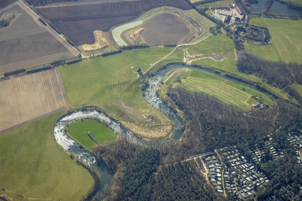 Aerial view, Lippe reorganisation, river Lippe, renaturation, new Lippe meanders, restoration of the old Lippe meanders, natural river course, Hötting, Datteln, Ruhr area, North Rhine-Westphalia, Germany, Olfen, DE, Europe, birds-eyes view, aerial photography, aerial photography, aerial photography, overview, bird's eye view
