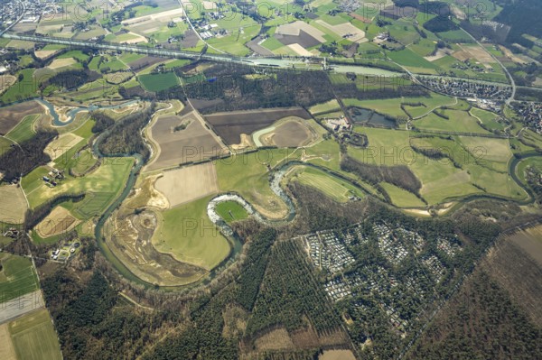 Aerial view, Lippe reorganisation, river Lippe, renaturation, new Lippe meanders, restoration of the old Lippe meanders, natural river course, Hötting, Datteln, Ruhr area, North Rhine-Westphalia, Germany, Olfen, DE, Europe, birds-eyes view, aerial photography, aerial photography, aerial photography, overview, bird's eye view