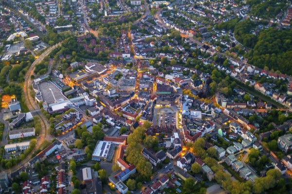 Aerial view, city centre and old town market with catholic church St. Lambertus, Castrop-Rauxel, Ruhr area, North Rhine-Westphalia, Germany, Old Town, Old Town view, Am Markt, outdoor lighting, City, DE, twilight, Europe, city centre, light pollution, aerial view, aerial photography, aerial photography, night aerial view, townscape, city centre, streetlights, street lamps, overview, bird's eye view, illuminated, illuminated houses, illuminated house, birds-eyes view, artificial light, night, nightflight, overview
