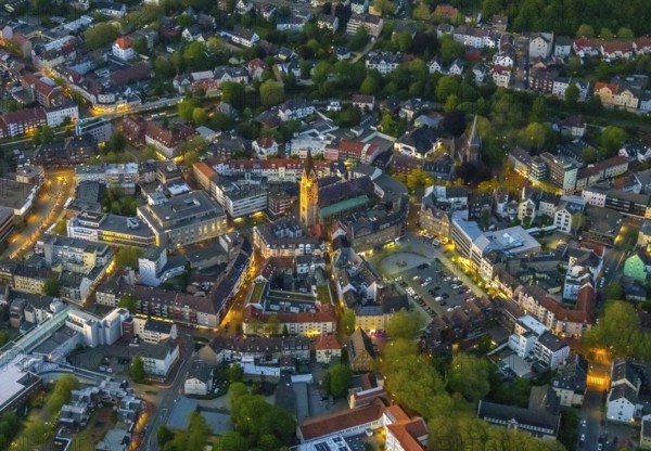 Aerial view, city centre and old town market with catholic church St. Lambertus, Castrop-Rauxel, Ruhr area, North Rhine-Westphalia, Germany, Old Town, Old Town view, Am Markt, outdoor lighting, City, DE, twilight, Europe, city centre, light pollution, aerial view, aerial photography, aerial photography, night aerial view, townscape, city centre, streetlights, street lamps, overview, bird's eye view, illuminated, illuminated houses, illuminated house, birds-eyes view, artificial light, night, nightflight, overview