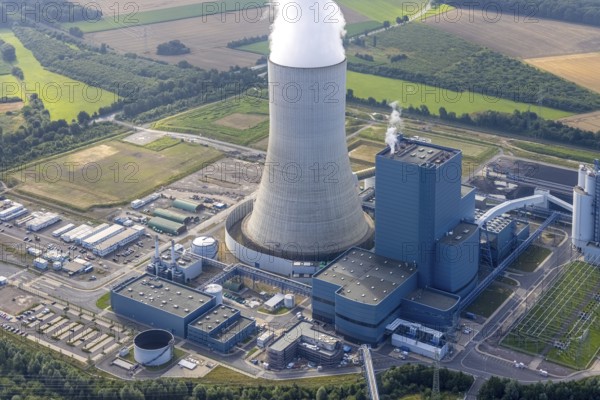 Aerial view of the power plant facilities and exhaust gas towers of the coal-fired power plant Datteln 4 Uniper power plant Im Löringhof at the Dortmund-Ems canal in Datteln in the Ruhr area in the federal state of North Rhine-Westphalia, Germany, Datteln, Ruhr area, North Rhine-Westphalia, DE, Europe, aerial view, birds-eyes view, aerial photography, aerial photography, overview, bird's eye view