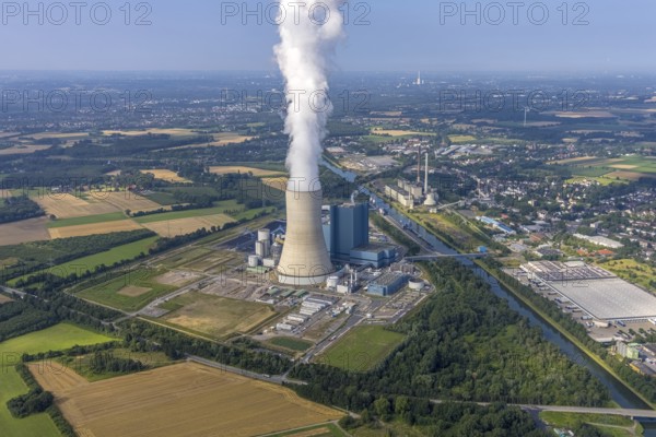 Aerial view of the power plant facilities and exhaust gas towers of the coal-fired power plant Datteln 4 Uniper power plant Im Löringhof at the Dortmund-Ems canal in Datteln in the Ruhr area in the federal state of North Rhine-Westphalia, Germany, Datteln, Ruhr area, North Rhine-Westphalia, DE, Europe, aerial view, birds-eyes view, aerial photography, aerial photography, overview, bird's eye view