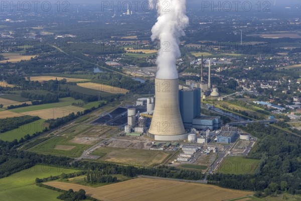 Aerial view of the power plant facilities and exhaust gas towers of the coal-fired power plant Datteln 4 Uniper power plant Im Löringhof at the Dortmund-Ems canal in Datteln in the Ruhr area in the federal state of North Rhine-Westphalia, Germany, Datteln, Ruhr area, North Rhine-Westphalia, DE, Europe, aerial view, birds-eyes view, aerial photography, aerial photography, overview, bird's eye view