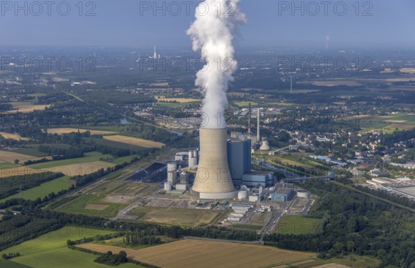 Aerial view of the power plant facilities and exhaust gas towers of the coal-fired power plant Datteln 4 Uniper power plant Im Löringhof at the Dortmund-Ems canal in Datteln in the Ruhr area in the federal state of North Rhine-Westphalia, Germany, Datteln, Ruhr area, North Rhine-Westphalia, DE, Europe, aerial view, birds-eyes view, aerial photography, aerial photography, overview, bird's eye view