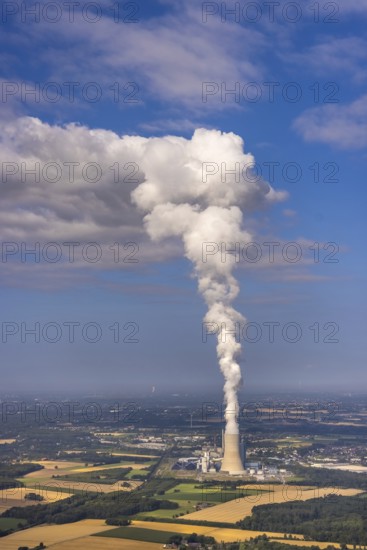 Aerial view of the power plant facilities and exhaust gas towers of the coal-fired power plant Datteln 4 Uniper power plant Im Löringhof at the Dortmund-Ems canal in Datteln in the Ruhr area in the federal state of North Rhine-Westphalia, Germany, Datteln, Ruhr area, North Rhine-Westphalia, DE, Europe, aerial view, birds-eyes view, aerial photography, aerial photography, overview, bird's eye view