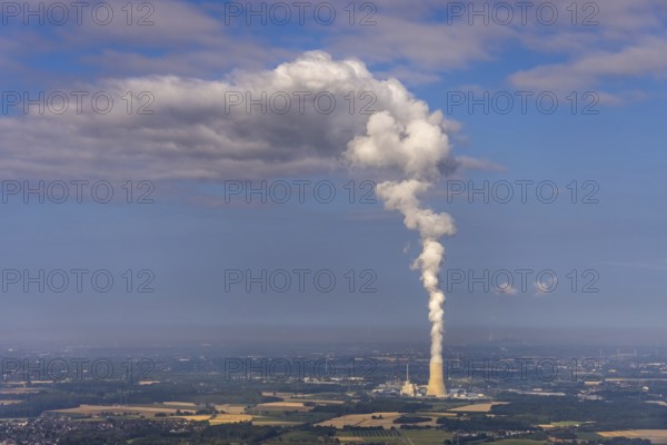 Aerial view of the power plant facilities and exhaust gas towers of the coal-fired power plant Datteln 4 Uniper power plant Im Löringhof at the Dortmund-Ems canal in Datteln in the Ruhr area in the federal state of North Rhine-Westphalia, Germany, Datteln, Ruhr area, North Rhine-Westphalia, DE, Europe, aerial view, birds-eyes view, aerial photography, aerial photography, overview, bird's eye view