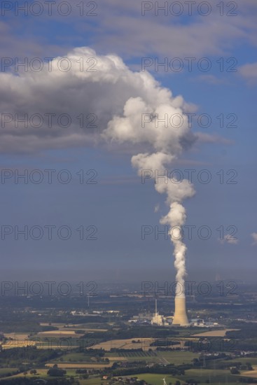 Aerial view of the power plant facilities and exhaust gas towers of the coal-fired power plant Datteln 4 Uniper power plant Im Löringhof at the Dortmund-Ems canal in Datteln in the Ruhr area in the federal state of North Rhine-Westphalia, Germany, Datteln, Ruhr area, North Rhine-Westphalia, DE, Europe, aerial view, birds-eyes view, aerial photography, aerial photography, overview, bird's eye view