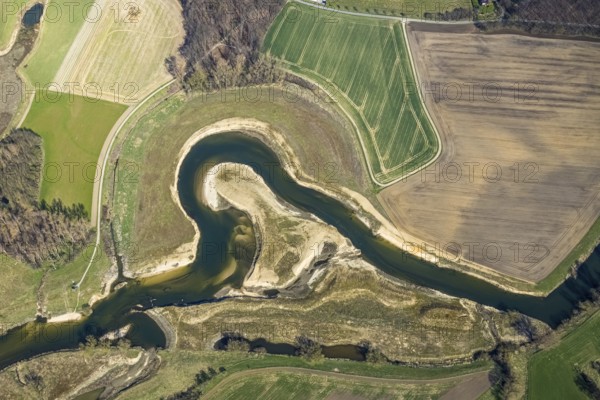 Aerial view, Lippe reorganisation, river Lippe, renaturation, new Lippe meanders, restoration of the old Lippe meanders, natural river course, Hötting, Datteln, Ruhr area, North Rhine-Westphalia, Germany, Olfen, DE, Europe, birds-eyes view, aerial photography, aerial photography, aerial photography, overview, bird's eye view