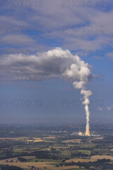 Aerial view of the power plant facilities and exhaust gas towers of the coal-fired power plant Datteln 4 Uniper power plant Im Löringhof at the Dortmund-Ems canal in Datteln in the Ruhr area in the federal state of North Rhine-Westphalia, Germany, Datteln, Ruhr area, North Rhine-Westphalia, DE, Europe, aerial view, birds-eyes view, aerial photography, aerial photography, overview, bird's eye view
