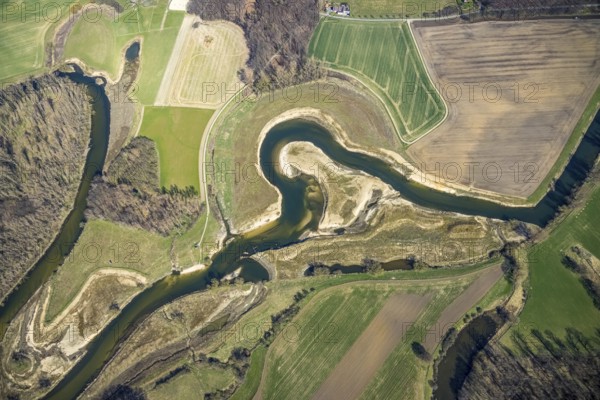 Aerial view, Lippe reorganisation, river Lippe, renaturation, new Lippe meanders, restoration of the old Lippe meanders, natural river course, Hötting, Datteln, Ruhr area, North Rhine-Westphalia, Germany, DE, Europe, birds-eyes view, aerial photography, aerial photography, overview, bird's eye view