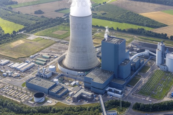 Aerial view of the power plant facilities and exhaust gas towers of the coal-fired power plant Datteln 4 Uniper power plant Im Löringhof at the Dortmund-Ems canal in Datteln in the Ruhr area in the federal state of North Rhine-Westphalia, Germany, Datteln, Ruhr area, North Rhine-Westphalia, DE, Europe, aerial view, birds-eyes view, aerial photography, aerial photography, overview, bird's eye view