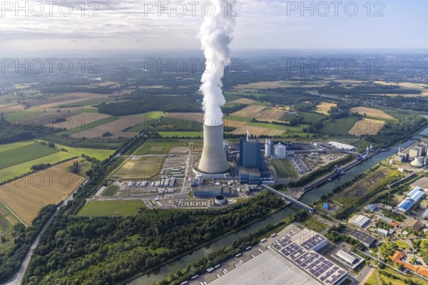 Aerial view of the power plant facilities and exhaust gas towers of the coal-fired power plant Datteln 4 Uniper power plant Im Löringhof at the Dortmund-Ems canal in Datteln in the Ruhr area in the federal state of North Rhine-Westphalia, Germany, Datteln, Ruhr area, North Rhine-Westphalia, DE, Europe, aerial view, birds-eyes view, aerial photography, aerial photography, overview, bird's eye view