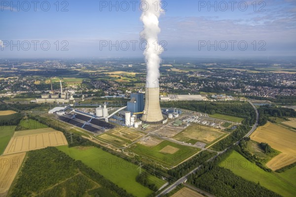 Aerial view of the power plant facilities and exhaust gas towers of the coal-fired power plant Datteln 4 Uniper power plant Im Löringhof at the Dortmund-Ems canal in Datteln in the Ruhr area in the federal state of North Rhine-Westphalia, Germany, Datteln, Ruhr area, North Rhine-Westphalia, DE, Europe, aerial view, birds-eyes view, aerial photography, aerial photography, overview, bird's eye view