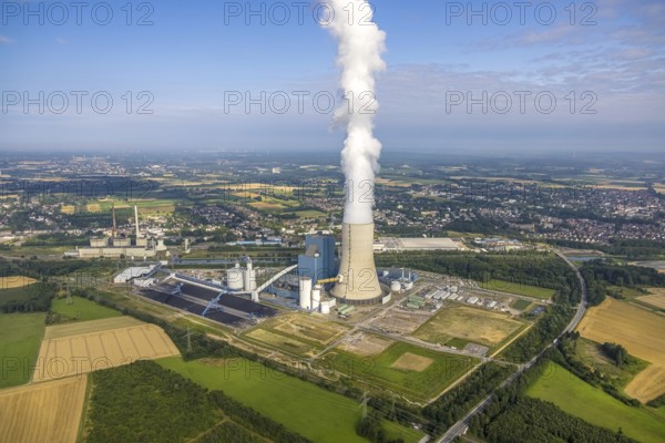 Aerial view of the power plant facilities and exhaust gas towers of the coal-fired power plant Datteln 4 Uniper power plant Im Löringhof at the Dortmund-Ems canal in Datteln in the Ruhr area in the federal state of North Rhine-Westphalia, Germany, Datteln, Ruhr area, North Rhine-Westphalia, DE, Europe, aerial view, birds-eyes view, aerial photography, aerial photography, overview, bird's eye view
