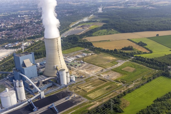 Aerial view of the power plant facilities and exhaust gas towers of the coal-fired power plant Datteln 4 Uniper power plant Im Löringhof at the Dortmund-Ems canal in Datteln in the Ruhr area in the federal state of North Rhine-Westphalia, Germany, Datteln, Ruhr area, North Rhine-Westphalia, DE, Europe, aerial view, birds-eyes view, aerial photography, aerial photography, overview, bird's eye view