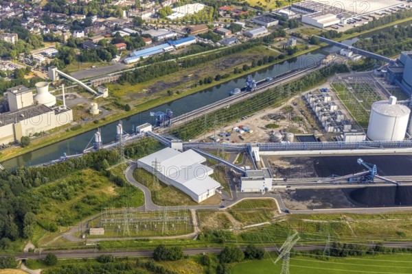 Aerial view of the power plant facilities and exhaust gas towers of the coal-fired power plant Datteln 4 Uniper power plant Im Löringhof at the Dortmund-Ems canal in Datteln in the Ruhr area in the federal state of North Rhine-Westphalia, Germany, Datteln, Ruhr area, North Rhine-Westphalia, DE, Europe, aerial view, birds-eyes view, aerial photography, aerial photography, overview, bird's eye view