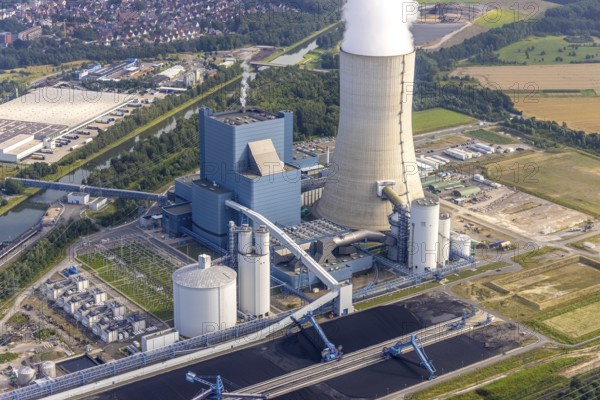 Aerial view of the power plant facilities and exhaust gas towers of the coal-fired power plant Datteln 4 Uniper power plant Im Löringhof at the Dortmund-Ems canal in Datteln in the Ruhr area in the federal state of North Rhine-Westphalia, Germany, Datteln, Ruhr area, North Rhine-Westphalia, DE, Europe, aerial view, birds-eyes view, aerial photography, aerial photography, overview, bird's eye view