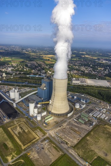 Aerial view of the power plant facilities and exhaust gas towers of the coal-fired power plant Datteln 4 Uniper power plant Im Löringhof at the Dortmund-Ems canal in Datteln in the Ruhr area in the federal state of North Rhine-Westphalia, Germany, Datteln, Ruhr area, North Rhine-Westphalia, DE, Europe, aerial view, birds-eyes view, aerial photography, aerial photography, overview, bird's eye view