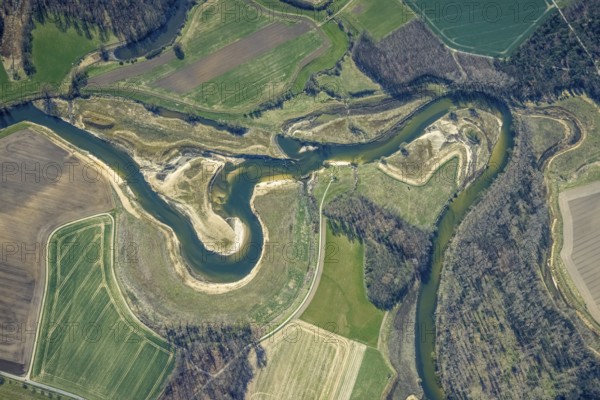 Aerial view, Lippe reorganisation, river Lippe, renaturation, new Lippe meanders, restoration of the old Lippe meanders, natural river course, Hötting, Datteln, Ruhr area, North Rhine-Westphalia, Germany, Olfen, DE, Europe, birds-eyes view, aerial photography, aerial photography, aerial photography, overview, bird's eye view