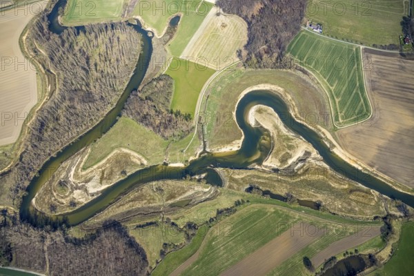 Aerial view, Lippe reorganisation, river Lippe, renaturation, new Lippe meanders, restoration of the old Lippe meanders, natural river course, Hötting, Datteln, Ruhr area, North Rhine-Westphalia, Germany, DE, Europe, birds-eyes view, aerial photography, aerial photography, overview, bird's eye view