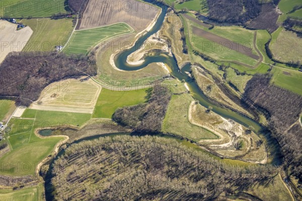 Aerial view, Lippe reorganisation, river Lippe, renaturation, new Lippe meanders, restoration of the old Lippe meanders, natural river course, Hötting, Datteln, Ruhr area, North Rhine-Westphalia, Germany, DE, Europe, birds-eyes view, aerial photography, aerial photography, overview, bird's eye view