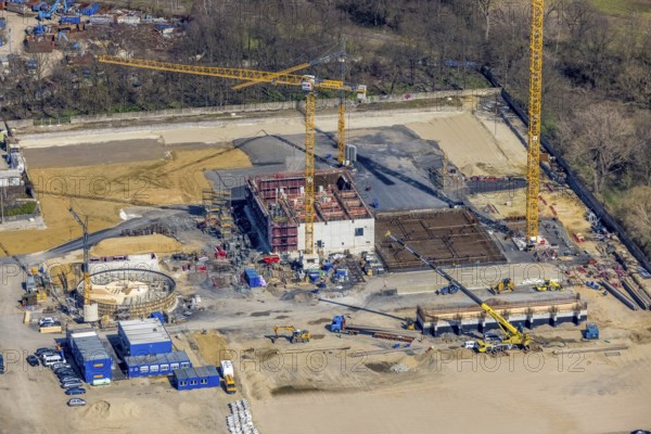 Aerial view, construction site new wood-fired power station at Thyssenstraße, Averbruch, Dinslaken, Ruhr area, North Rhine-Westphalia, Germany, architectural office Gramlich und Partner, construction work, building, construction area, building site, building plots, construction project, construction site, DE, Europe, cogeneration plant, power station, aerial view, aerial photography, aerial photography, new building, Lower Rhine, Rhine, overview, bird's-eye view, overview
