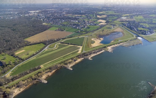 Aerial view, Rhine dyke construction site, new and old Emscher estuary, drop structure Emscher estuary, Emscher bridge Hagelstraße, Rheinaue Walsum, river Emscher, river Rhine, city border to Voerde, Eppinghoven, Dinslaken, Ruhr area, North Rhine-Westphalia, Germany, DE, Emscher, Emscher estuary, Emscher estuary into the Rhine, Emscher conversion, Europe, Frankfurter Straße, aerial view, aerial photography, aerial photography, estuary area, Lower Rhine, Rhine, Rhine floodplain, overview, bird's eye view, meadows and fields, living and life, birds-eyes view, new Emscher estuary Voerde city boundary, overview