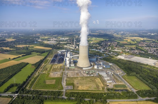 Aerial view of the power plant facilities and exhaust gas towers of the coal-fired power plant Datteln 4 Uniper power plant Im Löringhof at the Dortmund-Ems canal in Datteln in the Ruhr area in the federal state of North Rhine-Westphalia, Germany, Datteln, Ruhr area, North Rhine-Westphalia, DE, Europe, aerial view, birds-eyes view, aerial photography, aerial photography, overview, bird's eye view