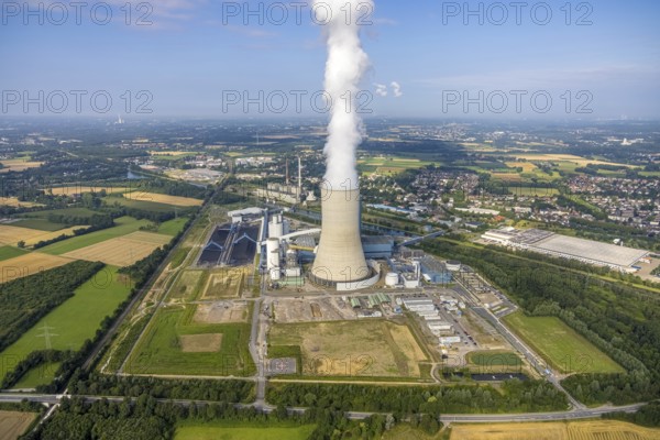Aerial view of the power plant facilities and exhaust gas towers of the coal-fired power plant Datteln 4 Uniper power plant Im Löringhof at the Dortmund-Ems canal in Datteln in the Ruhr area in the federal state of North Rhine-Westphalia, Germany, Datteln, Ruhr area, North Rhine-Westphalia, DE, Europe, aerial view, birds-eyes view, aerial photography, aerial photography, overview, bird's eye view
