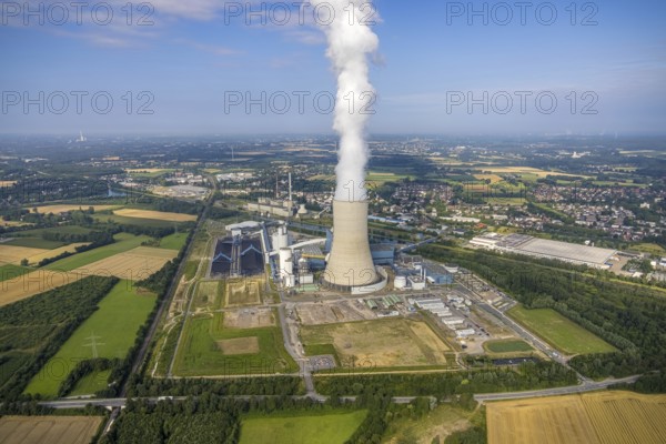 Aerial view of the power plant facilities and exhaust gas towers of the coal-fired power plant Datteln 4 Uniper power plant Im Löringhof at the Dortmund-Ems canal in Datteln in the Ruhr area in the federal state of North Rhine-Westphalia, Germany, Datteln, Ruhr area, North Rhine-Westphalia, DE, Europe, aerial view, birds-eyes view, aerial photography, aerial photography, overview, bird's eye view