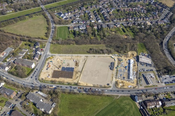 Aerial view, construction site and new construction commercial area, Freidrich-Ebert-Straße, Bärenstraße, corner B8 Hans-Böckler-Straße, Averbruch, Dinslaken, Ruhr area, North Rhine-Westphalia, Germany, construction work, construction area, building site, building plots, construction project, construction site, DE, Europe, commercial area, commercial area, commercial location, commercial use, aerial photograph, aerial photography, aerial photography, new construction, Lower Rhine, Rhine, overview, bird's-eye view, bird's-eye view, overview