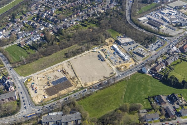 Aerial view, construction site and new construction commercial area, Freidrich-Ebert-Straße, Bärenstraße, corner B8 Hans-Böckler-Straße, Averbruch, Dinslaken, Ruhr area, North Rhine-Westphalia, Germany, construction work, construction area, building site, building plots, construction project, construction site, DE, Europe, commercial area, commercial area, commercial location, commercial use, aerial photograph, aerial photography, aerial photography, new construction, Lower Rhine, Rhine, overview, bird's-eye view, bird's-eye view, overview