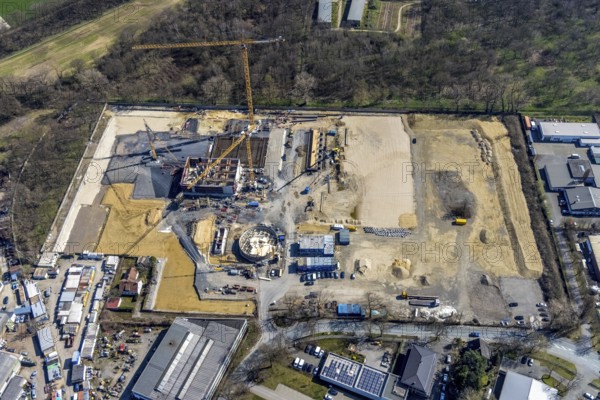 Aerial view, construction site new wood-fired power station at Thyssenstraße, Averbruch, Dinslaken, Ruhr area, North Rhine-Westphalia, Germany, architectural office Gramlich und Partner, construction work, building, construction area, building site, building plots, construction project, construction site, DE, Europe, cogeneration plant, power station, aerial view, aerial photography, aerial photography, new building, Lower Rhine, Rhine, overview, bird's-eye view, overview