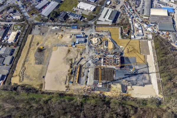 Aerial view, construction site new wood-fired power station at Thyssenstraße, Averbruch, Dinslaken, Ruhr area, North Rhine-Westphalia, Germany, architectural office Gramlich und Partner, construction work, building, construction area, building site, building plots, construction project, construction site, DE, Europe, cogeneration plant, power station, aerial view, aerial photography, aerial photography, new building, Lower Rhine, Rhine, overview, bird's-eye view, overview
