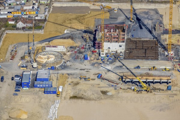 Aerial view, construction site new wood-fired power station at Thyssenstraße, Averbruch, Dinslaken, Ruhr area, North Rhine-Westphalia, Germany, architectural office Gramlich und Partner, construction work, building, construction area, building site, building plots, construction project, construction site, DE, Europe, cogeneration plant, power station, aerial view, aerial photography, aerial photography, new building, Lower Rhine, Rhine, overview, bird's-eye view, overview